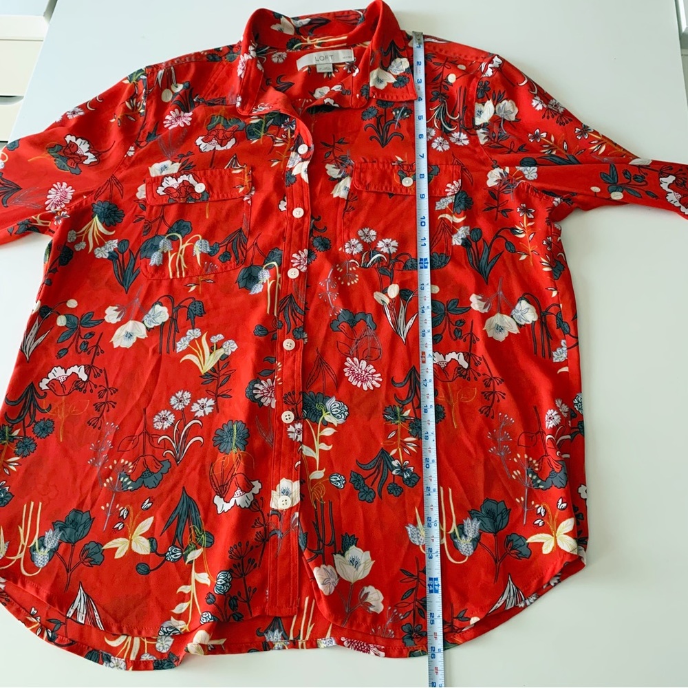LOFT button down chiffon blouse red floral size large petite - Picture 7 of 8